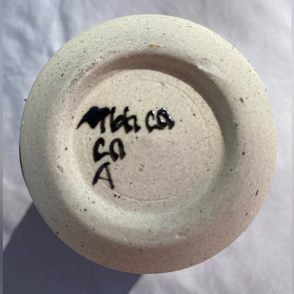 Stoneware bud vase cream blue brown white signed